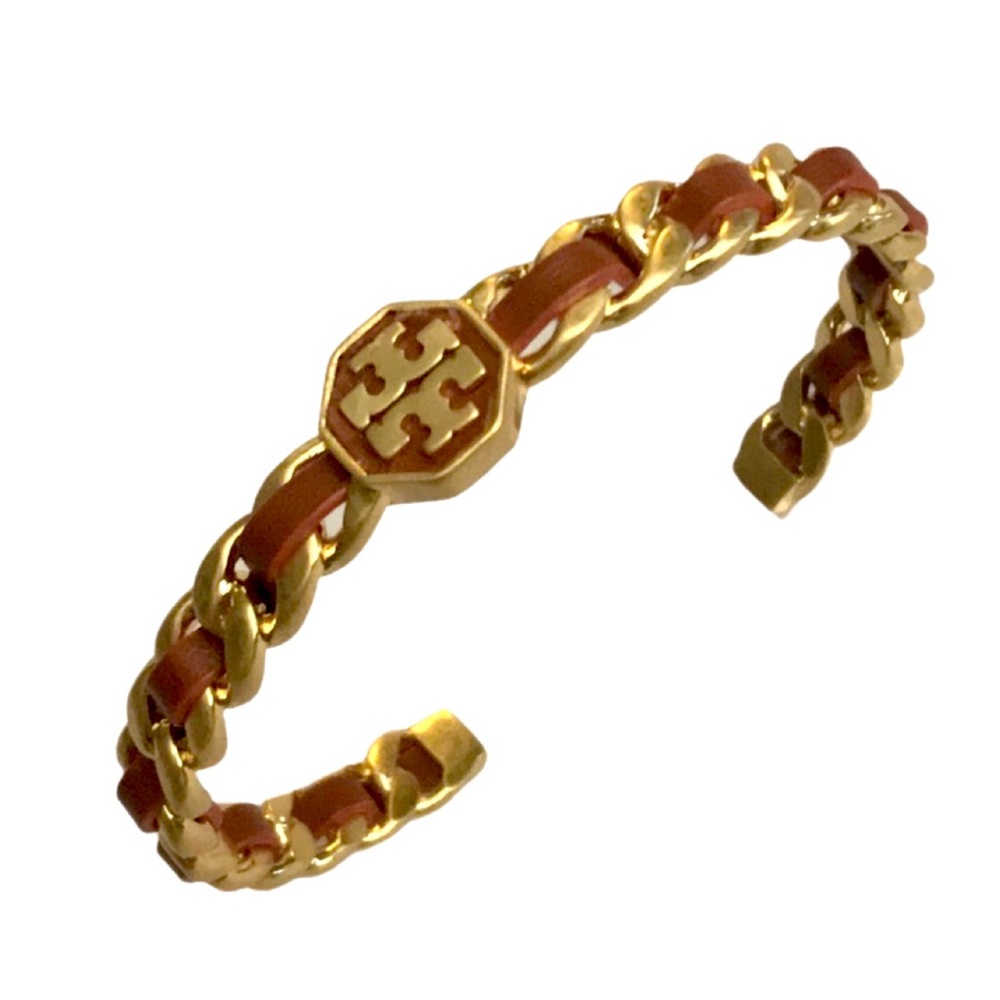 TORY BURCH • Rust Brown Woven Leather Marion Chain Cuff Bracelet - Picture 4 of 6